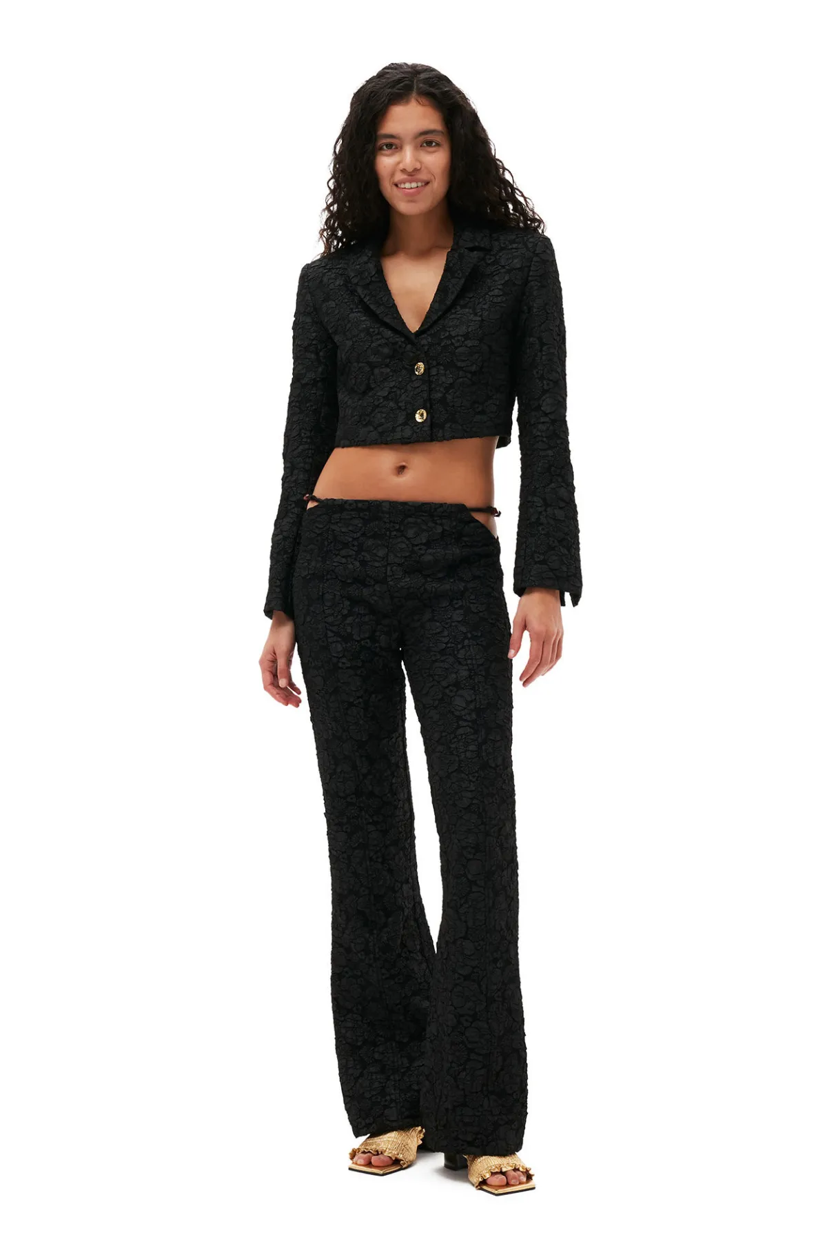Hot GANNI Stretch Jacquard Cropped Blazer Black