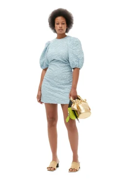 Best GANNI Stretch Jacquard Puff Sleeves Mini Dress Sky Blue