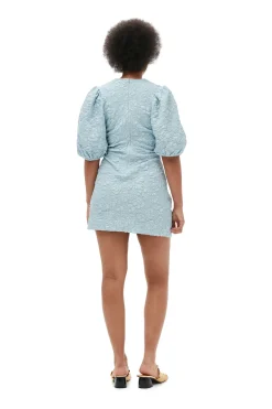 Best GANNI Stretch Jacquard Puff Sleeves Mini Dress Sky Blue
