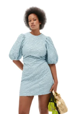 Best GANNI Stretch Jacquard Puff Sleeves Mini Dress Sky Blue