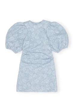Best GANNI Stretch Jacquard Puff Sleeves Mini Dress Sky Blue