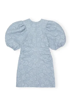Best GANNI Stretch Jacquard Puff Sleeves Mini Dress Sky Blue