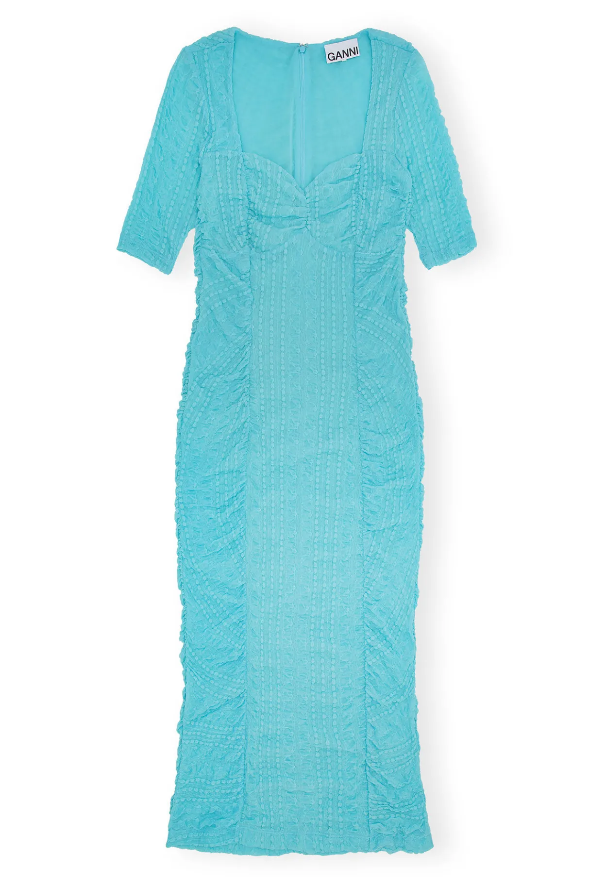Hot GANNI Stretch Lace Ruched Midi Dress Blue Curacao