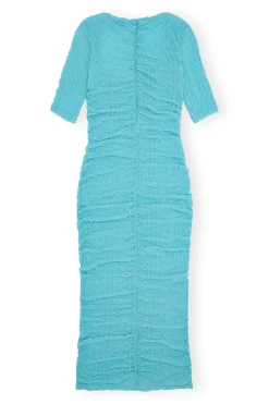 Hot GANNI Stretch Lace Ruched Midi Dress Blue Curacao