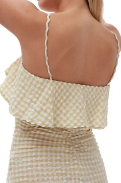 Shop GANNI Stretch Seersucker Strap Mini Dress Pale Khaki
