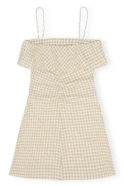 Shop GANNI Stretch Seersucker Strap Mini Dress Pale Khaki