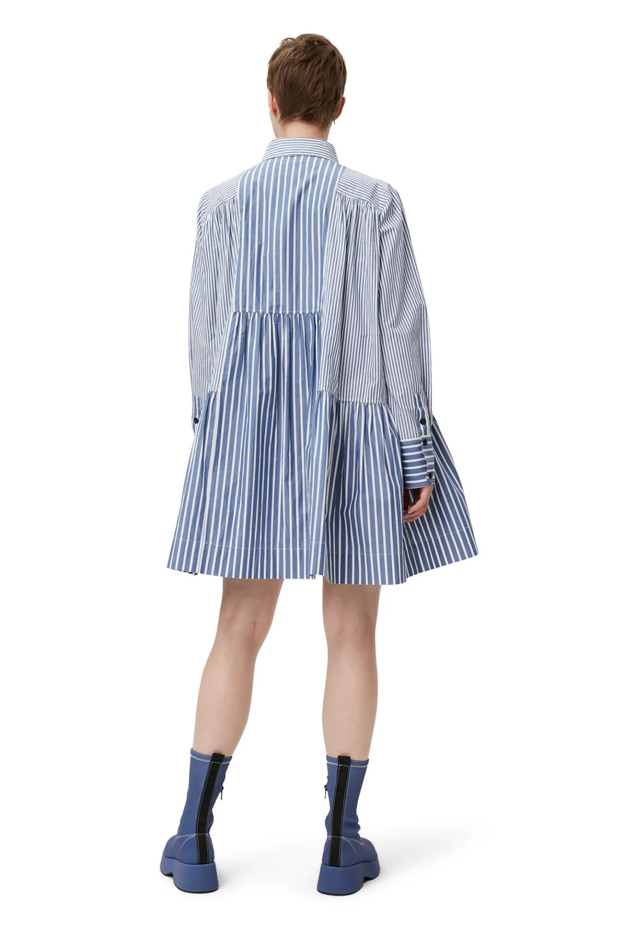 New GANNI Stripe Mini Shirt Dress Gray Blue