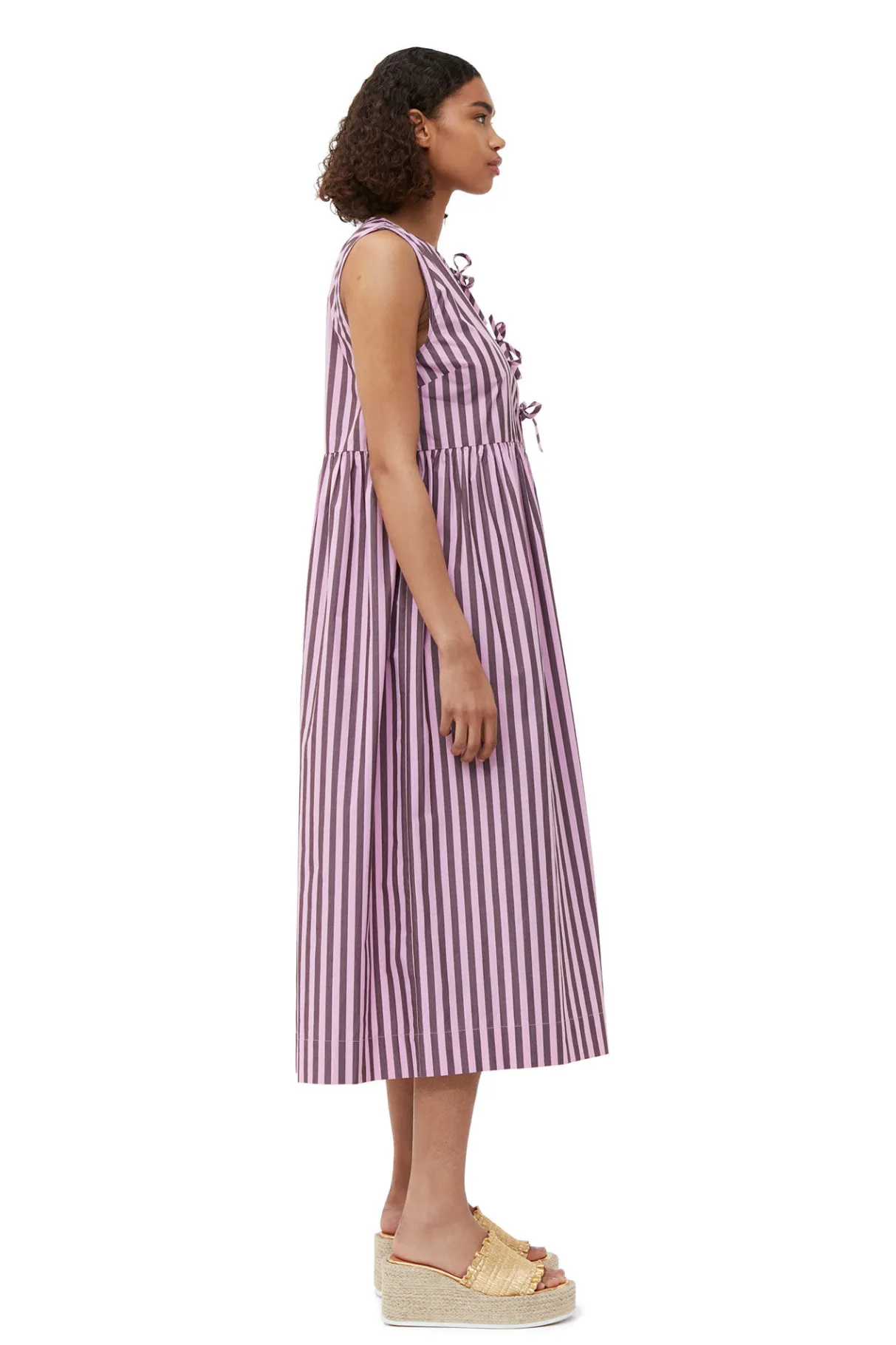 Online GANNI Striped Cotton Midi Dress Bonbon