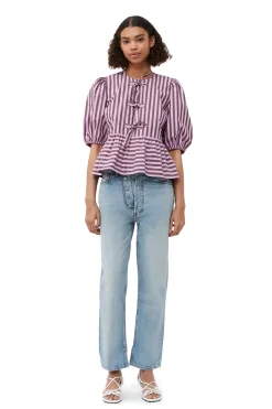 Online GANNI Striped Cotton Peplum Blouse Bonbon
