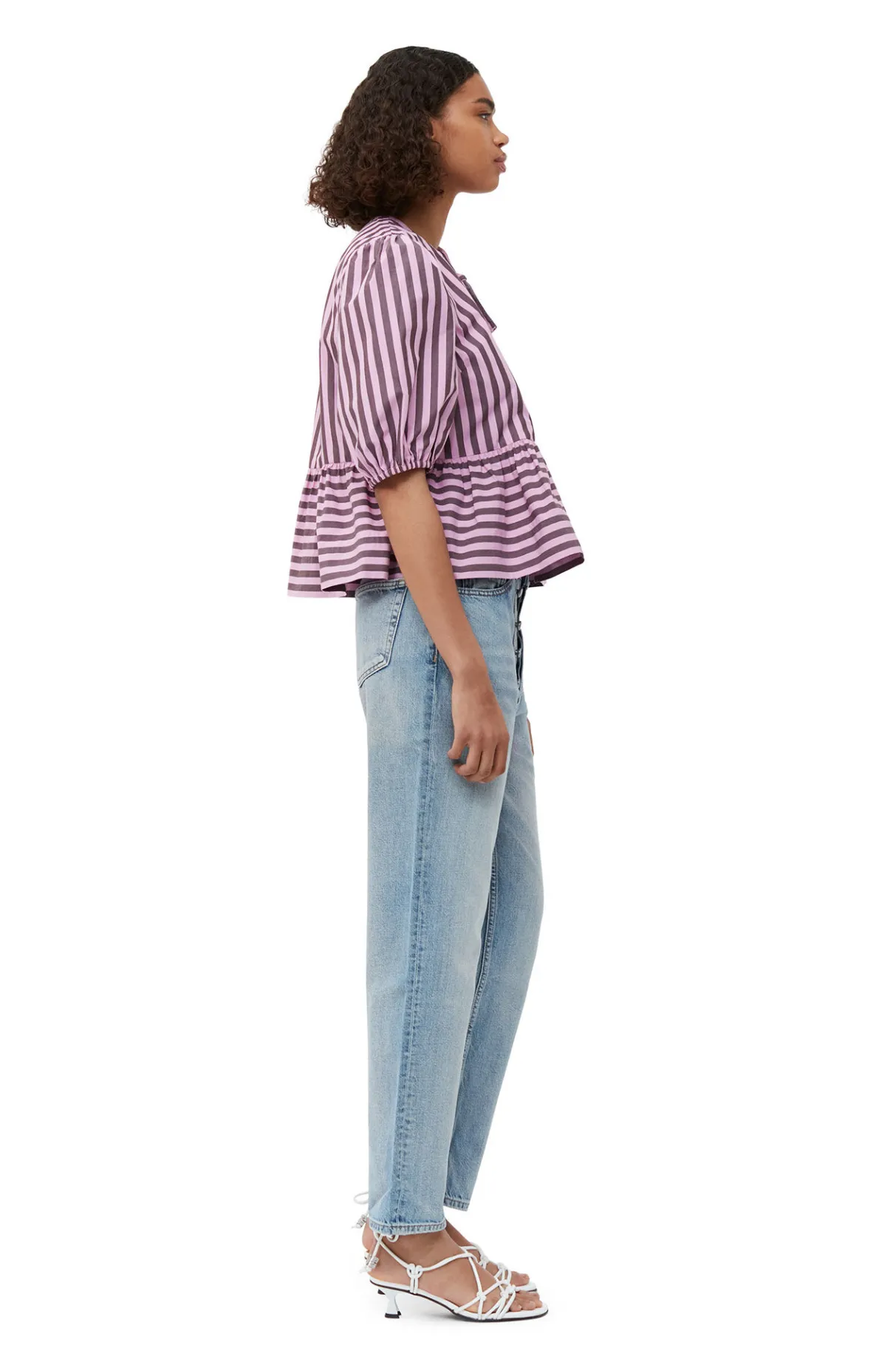 Online GANNI Striped Cotton Peplum Blouse Bonbon