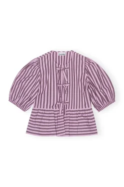 Online GANNI Striped Cotton Peplum Blouse Bonbon