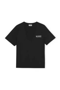Outlet GANNI Thin Software Jersey V-Neck T-Shirt Black