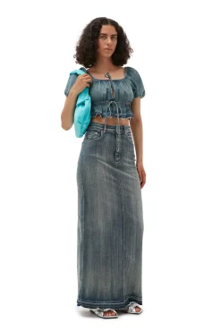 Cheap GANNI Tint Edge Denim Puff Sleeve Top Tint Wash