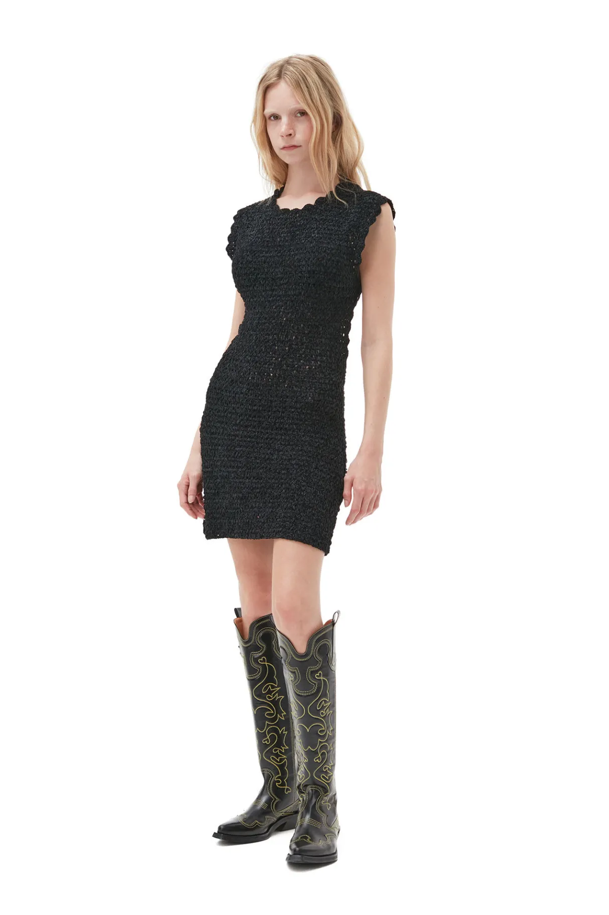 Fashion GANNI Velvet Crochet Open Back Mini Dress Black