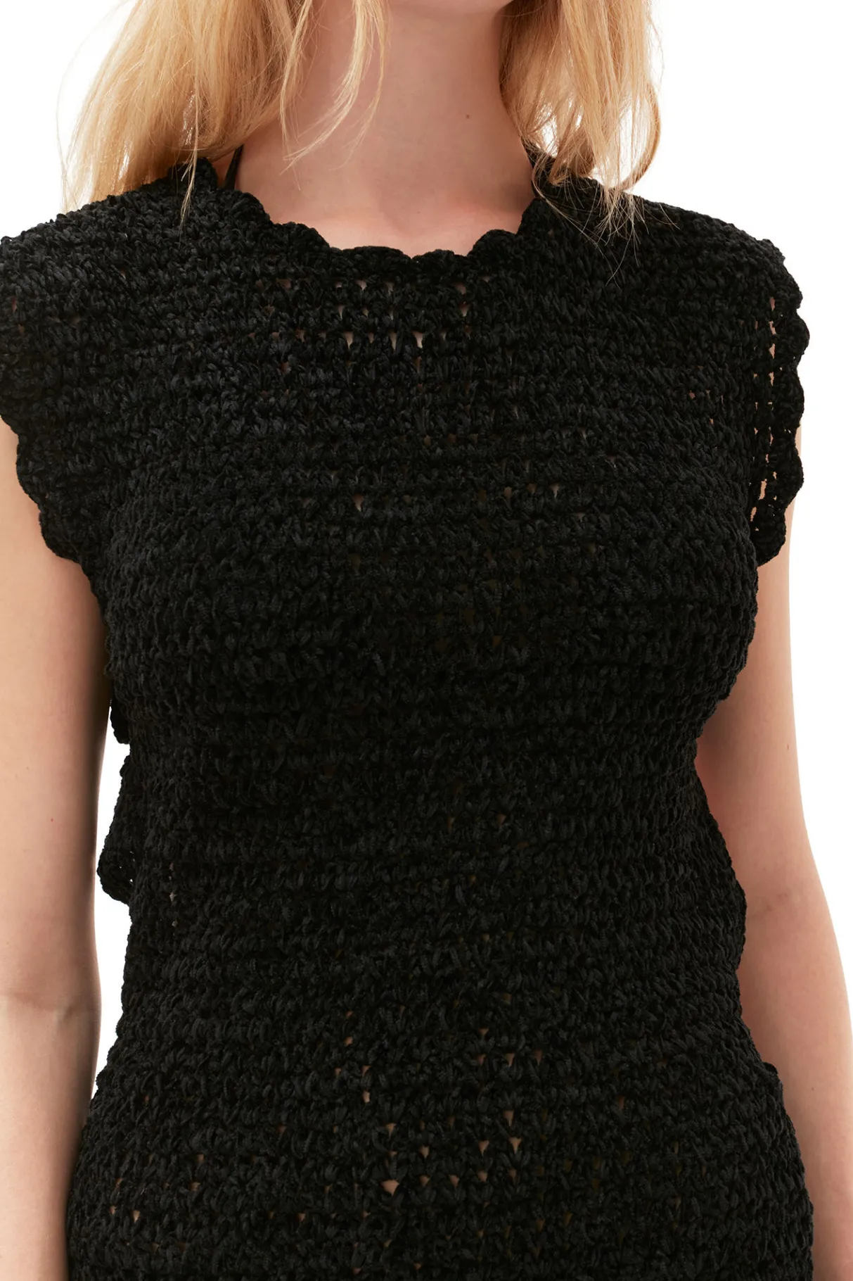 Fashion GANNI Velvet Crochet Open Back Mini Dress Black