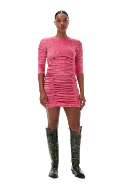 New GANNI Velvet O-Neck Dress Shocking Pink