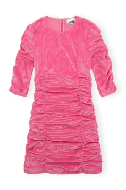 New GANNI Velvet O-Neck Dress Shocking Pink