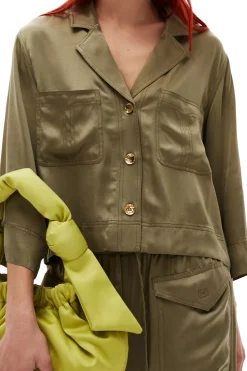 Sale GANNI Washed Satin Crop Shirt Aloe