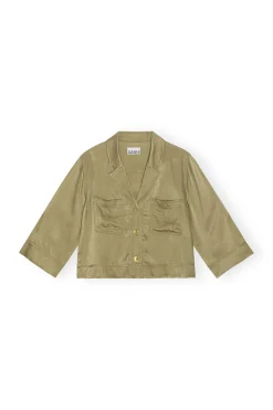 Sale GANNI Washed Satin Crop Shirt Aloe