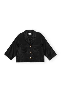 Outlet GANNI Washed Satin Crop Shirt Black