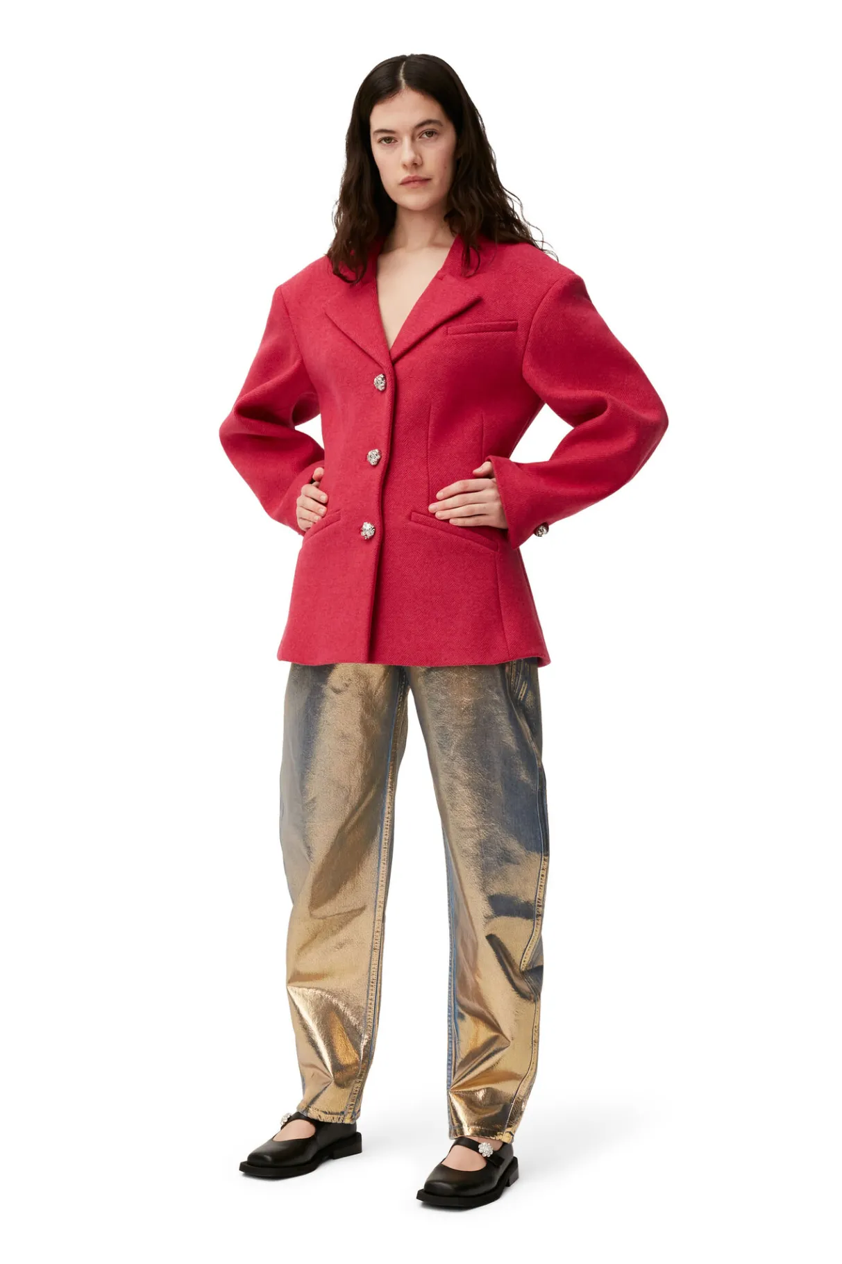 Shop GANNI Wool Blazer Fiery Red
