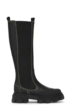 Clearance GANNI Yellow Stitch Knee-High Chelsea Boots Black